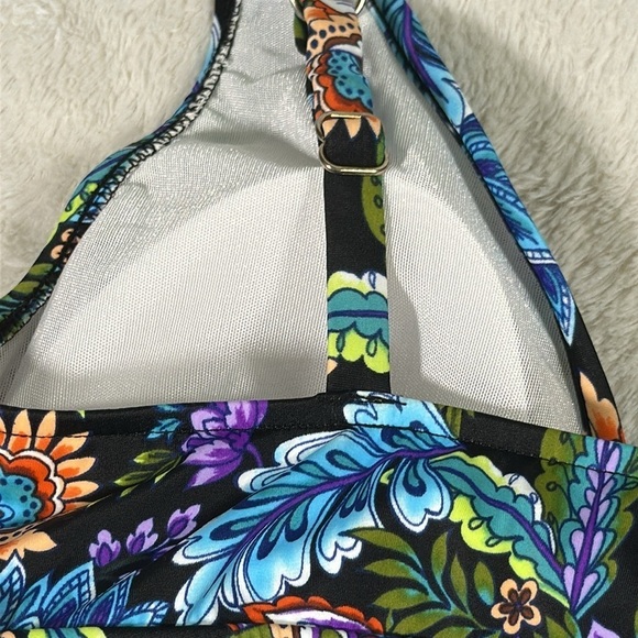 Swim Solutions Boho Paisley Multicolored V-Neck Ruffle one piece Swim Dress sz 8 - Picture 14 of 16